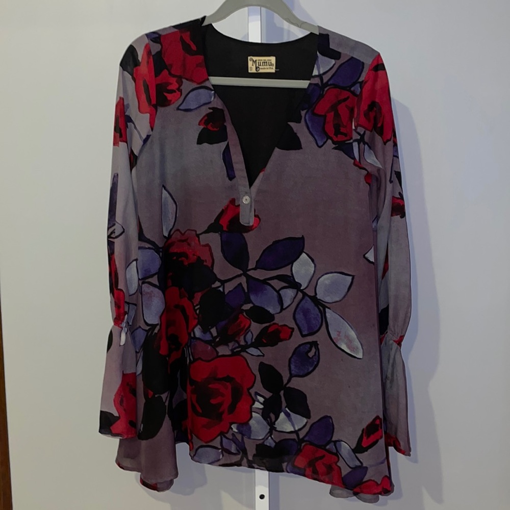 Show Me Your Mumu with black lining Asymmetrical Purple with large floral
